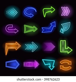 Neon realistic arrows set showing direction on black background isolated vector illustration 