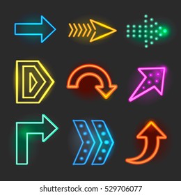 Neon realistic arrows signs, pointer set showing direction vector illustration