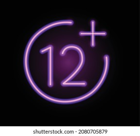 Neon realistic icon of 12+ vector illustration. Logo sign in neon outlines for advertising. Vector logo, banner, shield, figure 12+ for night club and sex shop