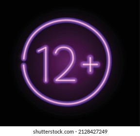 Neon realistisches Symbol von 12+ Vektorgrafik. Logo-Schild in Neonplänen für die Werbung. Vektorlogo, Banner, Schild, Abbildung 12+ für Nachtclub und Sexshop