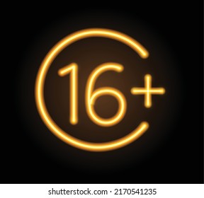 Neon realistic icon of 16+ vector illustration. Logo sign in neon outlines for advertising. Vector logo, banner, shield, figure 16+for night club and sex shop