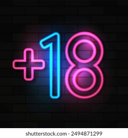 Icono realista de neón de Ilustración vectorial 18+. Logo Iniciar sesión neón contornos para la publicidad. Vector logo, Anuncio, escudo, figura 18 + para club nocturno y tienda de sexo