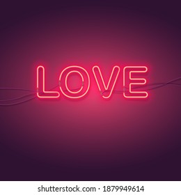 Neon realistic lettering love with red glow. Applies as a background, banner for Valentine's Day holiday. Vector illustration in 3D style.