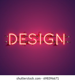 Neon realistic word 'DESIGN' for advertising, vector illustration
