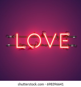 Neon realistic word 'LOVE' for advertising, vector illustration