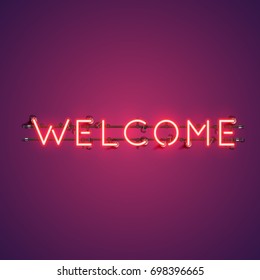 Neon realistic word 'WELCOME' for advertising, vector illustration