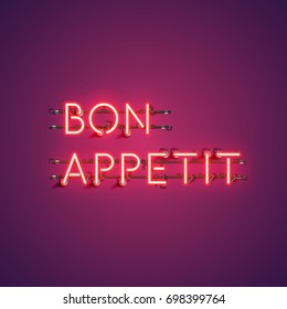 Neon realistic words 'BON APPETIT' for advertising, vector illustration