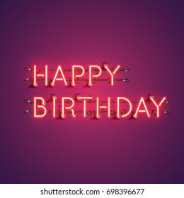 Neon realistic words 'HAPPY BIRTHDAY' for advertising, vector illustration