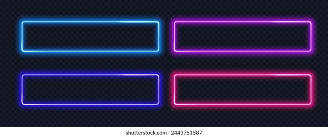 Neon rectangle colored frame. Neon lights horizontal sign. Geometric glow shape with copy space.