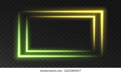 Neon rectangle colored frame. Neon lights horizontal sign. Geometric glow shape with copy space.