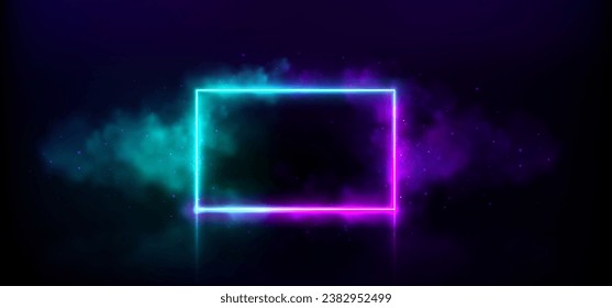 Neon Rechteck Tür Lichtspiel Rahmen mit Rauch. Zauberhafte quadratische futuristische Grenze mit gelbem Funkeln für das Musikklubpartydesign. 3D-abstrakter Laser-Smokey-Raum in violett-blau mit kosmischer Form