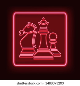 Neon rectangle frame with chess. Glowing signboard design. Vector illustration