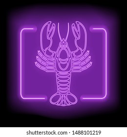 Neon rectangle frame with delicious lobster. Glowing signboard design. Vector illustration