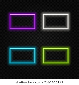 Neon rectangle frame with glow. Border with laser light effect. Led banners templates in orange, red and green colors. Vector set of fluorescent shapes.