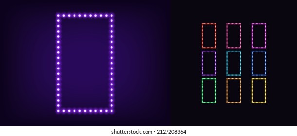 Neon rectangle frame with lamps. Glowing neon rectangle border set with bulbs. Garland frames with copy space, Vector templates with rectangular shape for banner, story and social media presentation