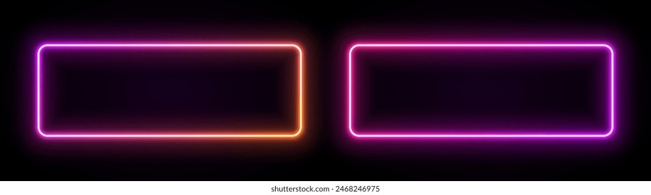 Neon rectangle frame with light. Border with led glow. Geometric shape laser sign for text. Fluorescent design elements for club, buttons or advertising.