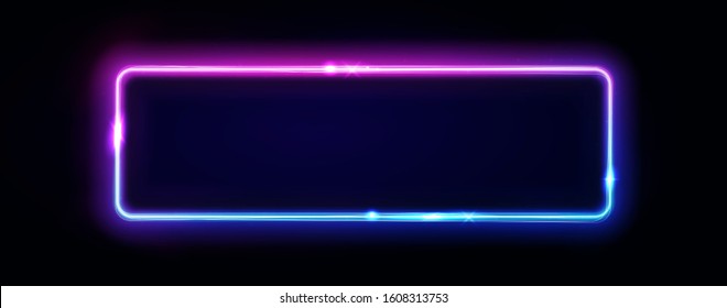 Neon rectangle frame or neon lights horizontal sign. Vector abstract background, tunnel, portal. Geometric glow outline shape or laser glowing lines. Abstract background with space for your text.