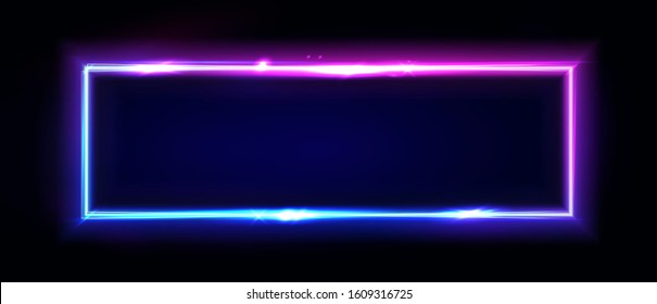 Neon rectangle frame or neon lights horizontal sign. Vector abstract background, tunnel, portal. Geometric glow outline shape or laser glowing lines. Abstract background with space for your text.