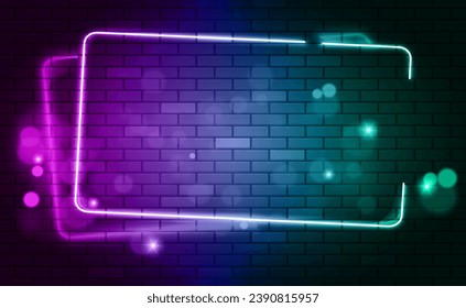 Neon rectangle frame or neon lights horizontal sign. Vector abstract background, tunnel, portal. Geometric glow outline shape or laser glowing lines. Abstract background with space for your text.