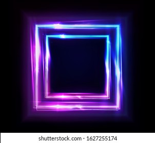 Neon rectangle frame or neon lights square sign. Vector abstract background, tunnel, portal. Geometric glow outline square shape or laser glowing lines. Abstract background or banner.