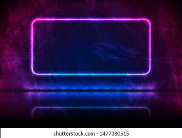 Neon rectangle frame on blue violet grunge background. Old luminous wall concrete texture. Vector glowing design