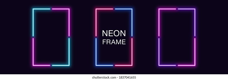 Neon rectangle Frame. Set of rectangular neon Border in 4 angular parts. Geometric shape with copy space, futuristic glowing element for social media stories. Blue, pink, purple, violet. Fully Vector