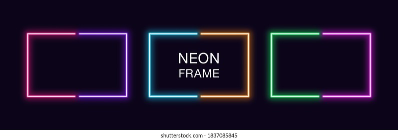 Neon rectangle Frame. Set of rectangular neon Border in 2 outline parts. Vector geometric shape with copy space, futuristic glowing element for social media stories. Violet, pink, orange, azure