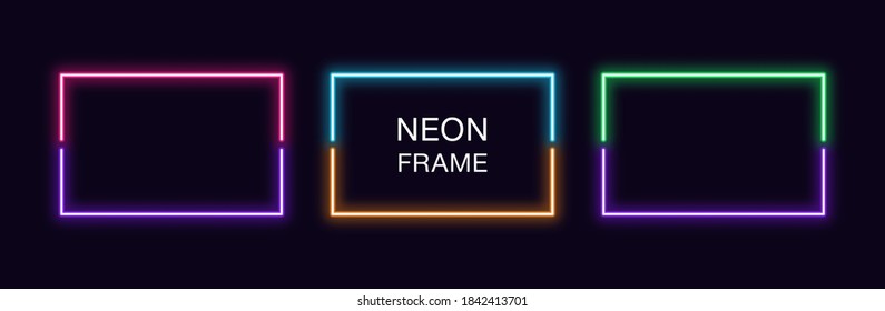 Neon rectangle Frame. Set of rectangular neon Border in 2 outline parts. Vector geometric shape with copy space, futuristic glowing element for social media stories. Violet, pink, orange, azure