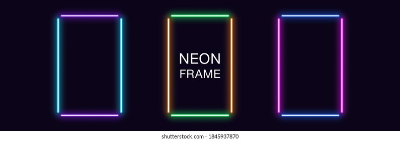 Neon rectangle Frame. Set of rectangular neon Border in 4 outline parts. Vector geometric shape with copy space, futuristic glowing element for social media stories. Violet, blue, purple, green