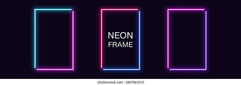 Neon rectangle Frame. Set of rectangular neon Border in 2 angular parts. Geometric shape with copy space, futuristic glowing element for social media stories. Blue, pink, purple, violet. Fully Vector