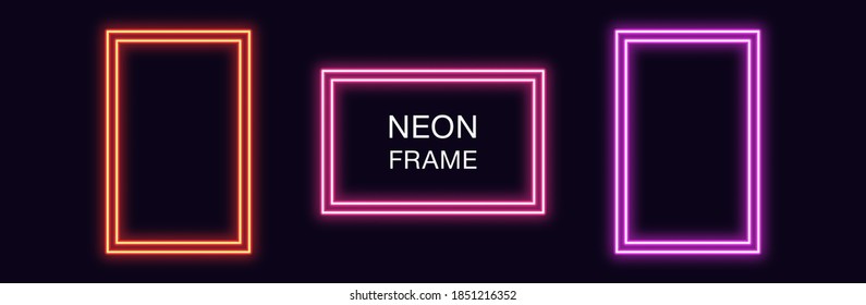 Neon rectangle Frame. Set of rectangular neon Border with double outline. Geometric shape with copy space, futuristic graphic element for social media stories. Red, pink, purple color. Fully Vector