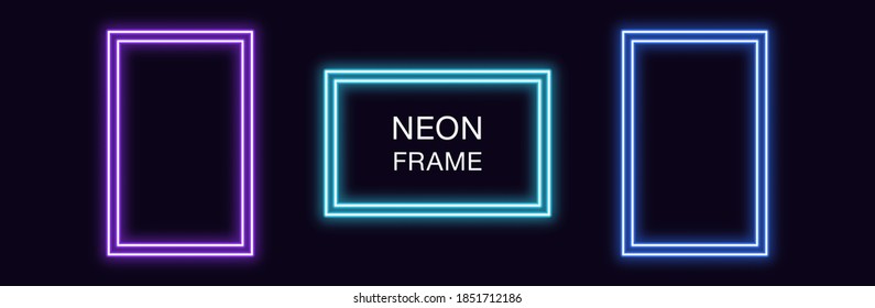 Neon rectangle Frame. Set of rectangular neon Border with double outline. Geometric shape with copy space, futuristic graphic element for social media stories. Violet, blue, azure color. Fully Vector