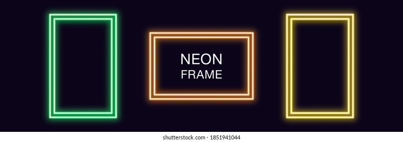 Neon rectangle Frame. Set of rectangular neon Border with double outline. Geometric shape with copy space, futuristic graphic element for social media stories. Green, orange, yellow color. Vector