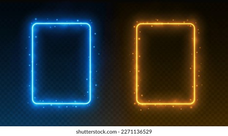 Neon rectangle frames, glowing borders with smoke and sparkles, ice and fire portals concept. Social media design element. Vector illustration.