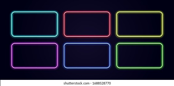 Neon rectangle. Glow frame border. Glossy rectangle on wall. Vector neon shape. Blue light lamp. 3D luminous shine