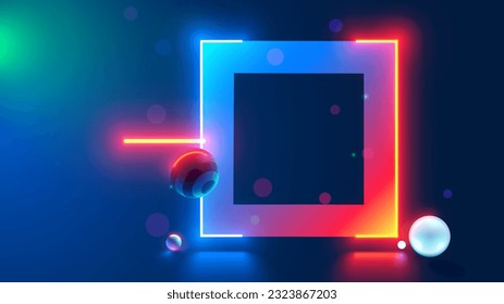 Neon rectangle glowing frame in dark cyberspace with hanging 3d spheres. Abstract tech square border or frame in modern technology style. Podium or background for object consist at red, blue neon lamp