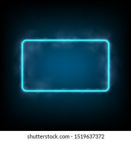 Neon rectangle glowing frame with light blue color and smoke. Banner with blank space. Vector