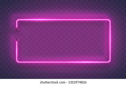 Neon rectangle lamp wall sign isolated on transparent background. Vector pink power glowing bulb banner, light line or neon frame for your design.