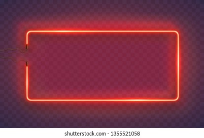 Neon rectangle lamp wall sign isolated on transparent background. Vector red power glowing bulb banner, light line or neon frame for your design.