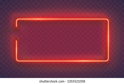 Neon Rectangle Lamp Wall Sign Isolated On Transparent Background. Vector Red Power Glowing Bulb Banner, Light Line Or Neon Frame For Your Design.