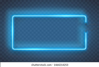 Neon rectangle lamp wall sign isolated on transparent background. Vector blue power glowing bulb banner, light line or neon frame for your design.