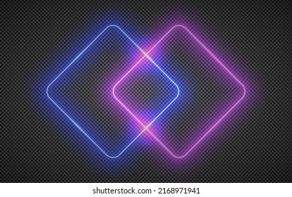 Neon rectangle lamp wall sign isolated on transparent background. Vector purple and blue power glowing bulb banner, light line or neon frame for your design.