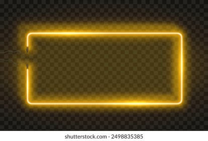 Letrero de pared de la lámpara del rectángulo del neón aislado en fondo transparente. Anuncio brillante del bulbo del poder del oro del Vector, borde o marco amarillo de la línea de luz