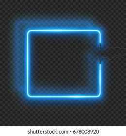 Neon rectangle lamp wall sign isolated on transparent background. Vector blue power glowing bulb banner, light line or neon frame for your design.