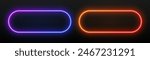 Neon rectangle light frame. Led button with glow. Laser template for text. Gradient banner with rounded corners. Fluorescent elements for the design of advertising, clubs and games.