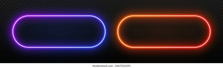 Neon rectangle light frame. Led button with glow. Laser template for text. Gradient banner with rounded corners. Fluorescent elements for the design of advertising, clubs and games.