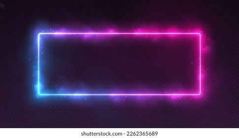 Neon rectangle with smoke and sparkles, gradient LED border with fog and glowing particles. Modern futuristic frame, cosmic banner with pink, blue and purple colors. Vector illustration.