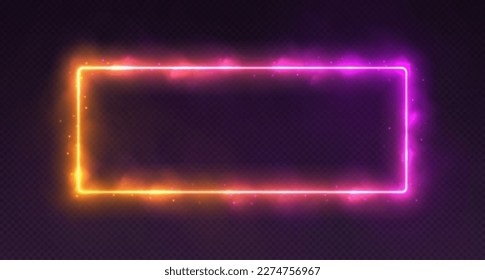 Neon rectangle with smoke and sparkles, gradient LED border with fog and glowing particles. Modern futuristic frame, cosmic banner with pink and yellow colors. Vector illustration.