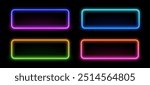 Neon rectangular frame. Illuminate frame design. Set of rounded neon border. Futuristic graphic element. Glowing neon lighting on dark background. Blue, pink, purple, violet. Vector