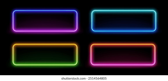 Neon rectangular frame. Illuminate frame design. Set of rounded neon border. Futuristic graphic element. Glowing neon lighting on dark background. Blue, pink, purple, violet. Vector